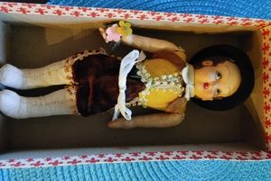 7 1/2" souvenir boy doll pre-owned in original box. Stuffed body, felt type face
